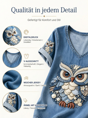 Damen-T-Shirt mit Tier- und Eulenmuster, im Vintage-Stil, modisch, locker geschnitten, kurze Ärmel