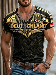 Herren-T-Shirt in Schwarz, Vintage-Design mit deutschem Fußballmotiv, lässiger V-Ausschnitt
