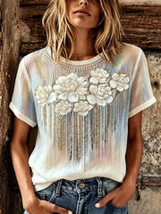 Damen-T-Shirt aus Baumwolle und Leinen mit Blumenmuster, kurzärmelig und lässig geschnitten