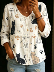 Frauen niedliches Katzen-Print Baumwoll-Leinen-Hemd