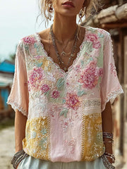 Damen-T-Shirt aus Baumwolle und Leinen mit retro-motiviertem, rosa Blumenmuster