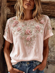Damen-Vintage-T-Shirt aus Leinen mit rosa Rosenmuster, Rundhalsausschnitt und kurzen Ärmeln