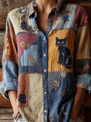 Damen-Lässiges Retro-Hemd mit niedlichem Katzenmuster