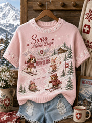 Damen-Stricktop mit Skimotiv und kurzen Ärmeln