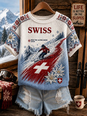 Damen-Strick-T-Shirt mit Ski-Motiv und kurzen Ärmeln