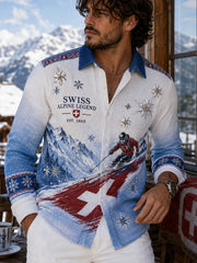Herren-Waffelpiqué-Hemd im ethnischen Stil mit Skimotiv und langen Ärmeln