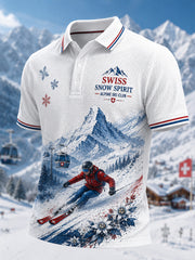 Herren-Kurzarm-Polos hirt mit Ski-Themen bedrucktes lässiges Waffel-Strukturiertes Polos hirt