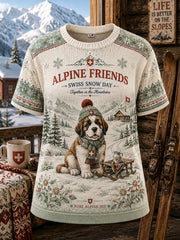 Damen-Strick-T-Shirt mit Skimotiv und kurzen Ärmeln