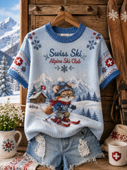 Damen-Stricktop mit Skimotiv und kurzen Ärmeln