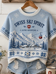 Damen-Stricktop mit Skimotiv und kurzen Ärmeln