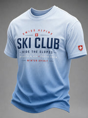 Herren-Casual-T-Shirt mit Skimotiv-Print, waffelformiger Struktur und kurzen Ärmeln