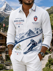 Herren-Waffelpiqué-Hemd mit Langarm und Ski-Print