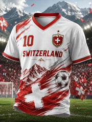 Herren-T-Shirt mit Fußballmotiv, kurzen Ärmeln und V-Ausschnitt