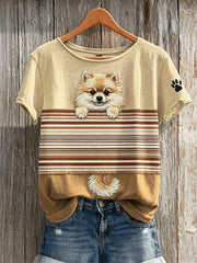 Damen Peeking Pom Dog Color block Print Kurzarm T-Shirt