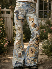 Damen Vintage Floral Dogs Collage Kunstdruck Ausgestellte Hosen