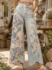 Damen Vintage Floral und Butterfly Collage Kunstdruck Ausgestellte Hosen