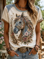 Damen Vintage Floral Western Horse Collage Kunst Kurzarm T-Shirt