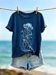 Damen-Vintage-Floraler Quallen-Kunstdruck T-Shirt mit kurzen Ärmeln