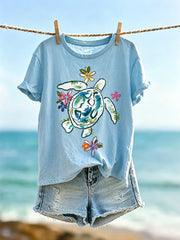 Damen-Vintage-Floral-T-Shirt mit Meeresschildkröten-Print und kurzen Ärmeln