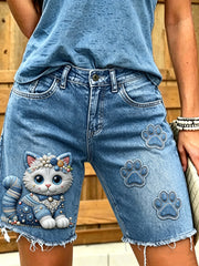 Damen-Jeans mit kurzer Länge und tierischem Katzen-Print