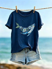 Damen-Vintage-T-Shirt mit Blumen- und Wal‑Kunstdruck am Ozean, Kurzarm