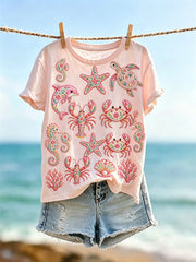 Damen-Vintage-T-Shirt in Pink mit maritimen Tiermotiven und kurzen Ärmeln