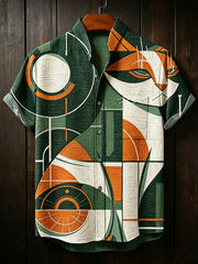 Herrenhemd im Vintage-Stil mit abstraktem geometrischem Tiermuster, Stehkragen und kurzen Ärmeln