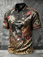 Herren Schwarz Deutsch Fußball Adler Print Punk-Stil Casual Polo Shirt