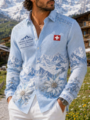 Herren-Waffelpiqué-Hemd mit Langarm und Ski-Print