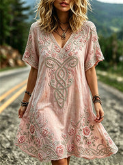 Frauen Vintage rosa Blumen Viking keltisches Knoten druck Flowy Mini kleid