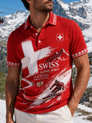 Herren-Poloshirt mit Ski-Print, waffelstrukturiert und kurzärmelig