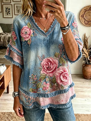 Damen Vintage rosa Rosen mit Blumen druck Fringe Trim Baumwoll-Leinen hemd
