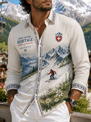 Herren-Waffelpiqué-Hemd mit Langarm und Ski-Print