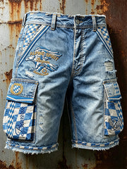 Herren-Shorts im deutschen bayerischen Stil mit Vintage-Print, Denim-Optik, lässig für die Arbeit