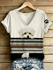 Damen-Tier-Hunde-Streifen bedruckt Vintage-Mode lose Kurzarm-T-Shirt