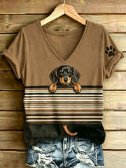 Damen-Tier-Hunde-Streifen bedruckt Vintage-Mode lose Kurzarm-T-Shirt