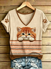 Damen-T-Shirt mit Tier- und Katzenstreifenmuster, im Vintage-Stil, modisch, locker geschnitten, kurze Ärmel