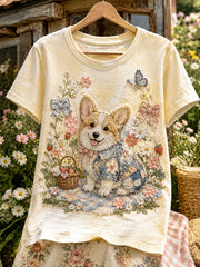 Damen-Kurzarm-T-Shirt im Vintage-Stil Patchwork-Blumen welpe