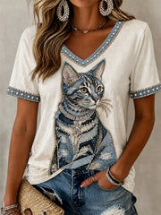 Damen-Cowboy-T-Shirt mit Katzenmuster und V-Ausschnitt, lässig