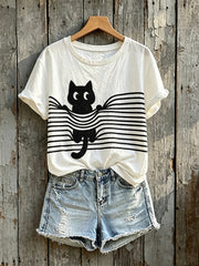Kurzarm-T-Shirt mit niedlichem Katzen-Kunstdruck für Damen