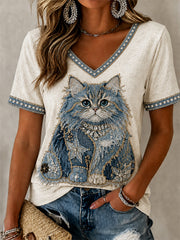 Damen-Cowboy-T-Shirt mit Katzenmuster und V-Ausschnitt, lässig