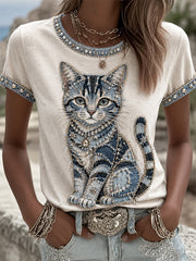 Damen-Cowboy-T-Shirt mit Katzenmuster, lässig