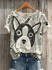 Kurz ärmel iges T-Shirt für Damen Bulldog & Paw Print Zeitung Patchwork Art Print