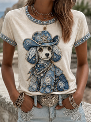 Damen Cowboy Dog Print Casual T-Shirt
