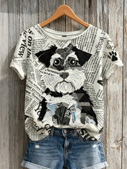 Frauen Schnauzer Hund & Paw Print Zeitung Patchwork Art Print Kurzarm T-Shirt