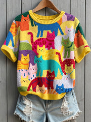 Damen-Gruppe Katzenkunst bedrucktes Vintage-Mode lässiges Kurzarm-T-Shirt