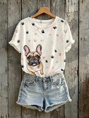 Damen niedliche französische Bulldogge mit Pfoten Print Kurzarm-T-Shirt
