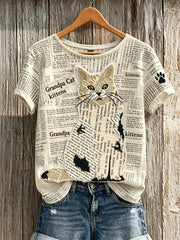 Kurz ärmel iges T-Shirt mit Patchwork-Kunstdruck für Damen mit Katzen-und Pfoten druck