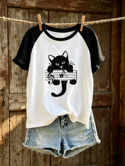 Frauen süßes Katzen muster farbiges Design lässiges Kurzarm-T-Shirt