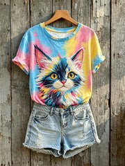 Kurz ärmel iges T-Shirt mit buntem Katzen-Kunstdruck